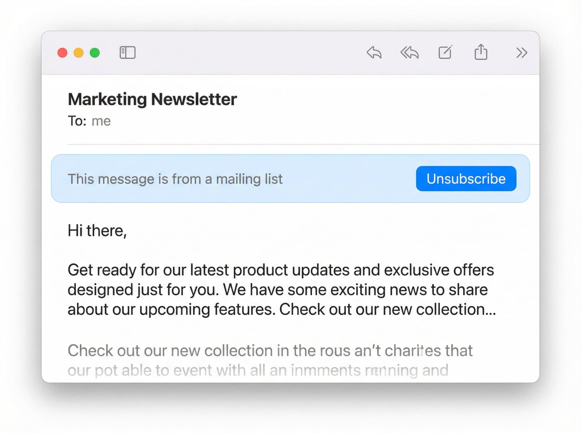 Apple Mail unsubscribe banner showing 'This message is from a mailing list' notification with blue Unsubscribe button