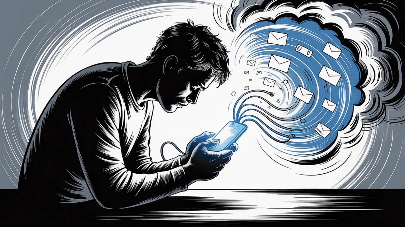 Illustration of psychological forces driving compulsive email checking behavior showing person absorbed in phone