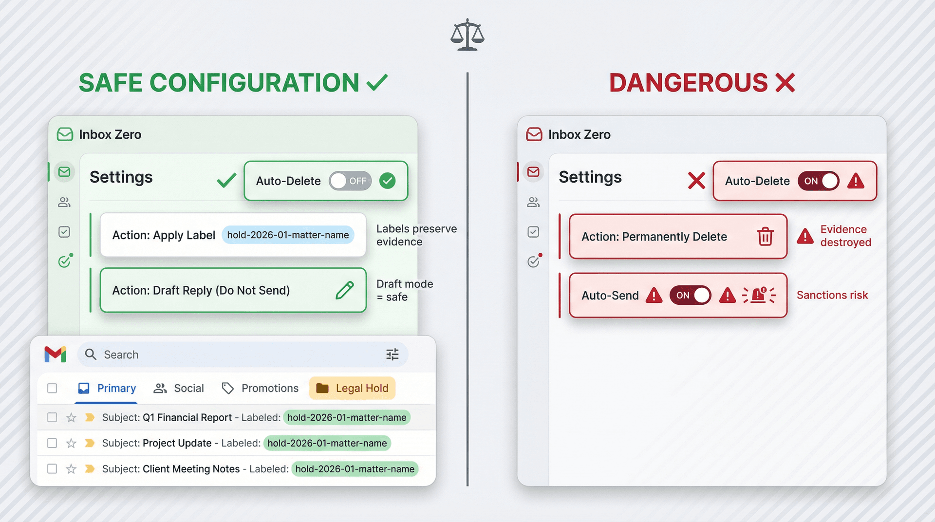 Side-by-side comparison showing safe Inbox Zero configuration for legal holds (green checkmarks, labeling-only rules) versus dangerous settings (red X marks, auto-delete enabled)